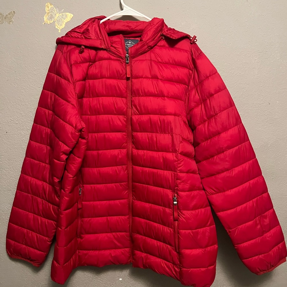 A red puffer jacket for womens. Can also be for a boy!